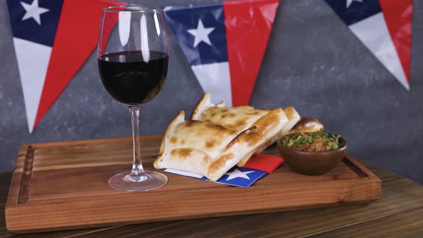 Chile Fiestas Patrias Chilean Flag Anniversary national day empanadas wine glass pebre food and drink