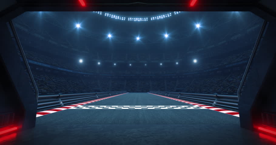 Entrance to a sport racing stadium full of cheering fans with a race track with finish line. Professional sports 4k video for advertisement background.