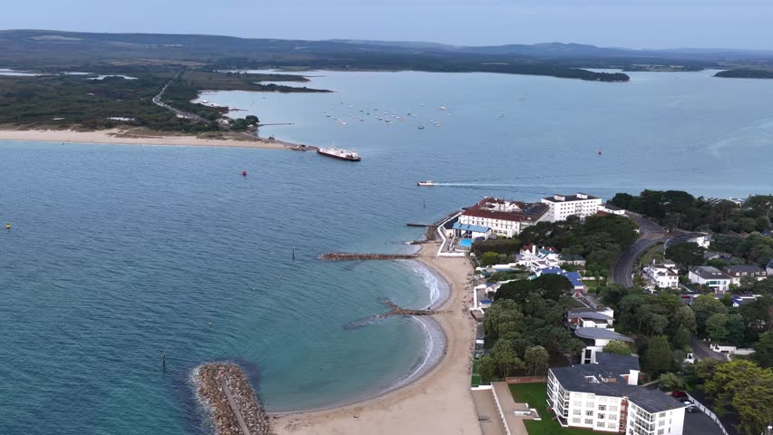 Aerial view over Sandbanks to Studland, Poole Harbour, Dorset