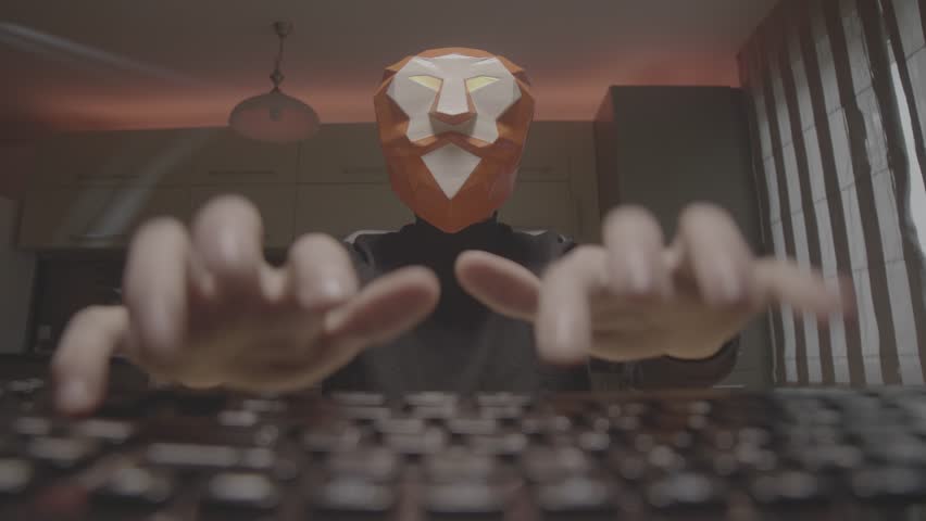 Lion head mascot human typing super fast on a keyboard while surfing the internet