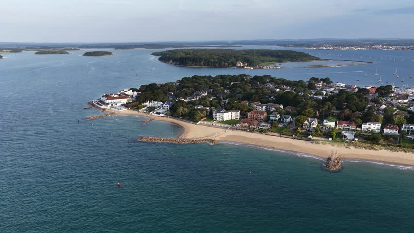 Aerial view of Sandbanks, Poole, Dorset, UK.