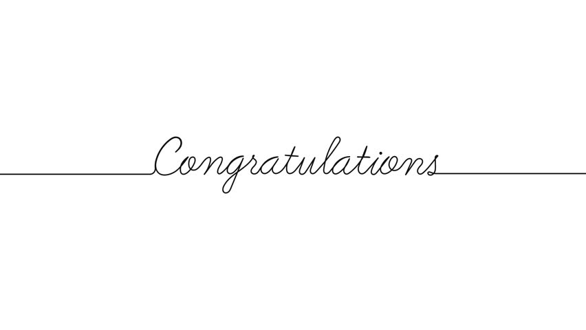 congratulations animated continuous single one line art drawn animation phrase on white black background. hand drawing of word text congratulations