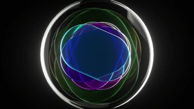 Glowing orbs rotating and expanding within transparent sphere, generating mesmerizing rainbow-colored light display against deep black background with dynamic energy and seamless. 3D Illustration - Powered by Shutterstock - Get 15% off with code: PIKWIZARD15