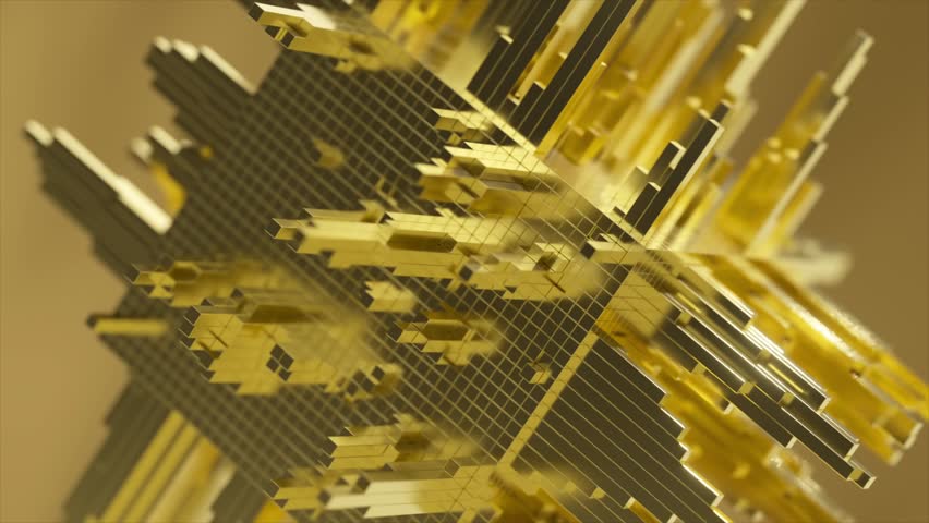 Complex golden cube structure with extruded elements rotates slowly, showcasing intricate details and dynamic form against a neutral background. 3D Illustration