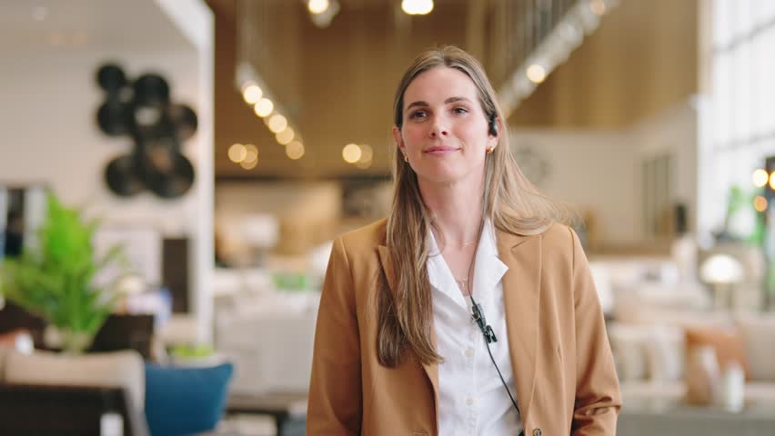 Confident associate walks sales aisle, smiling and looking ahead