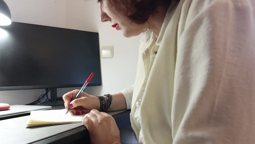 Woman writing on notepad at home office desk
