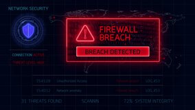 High-tech dashboard interface displays a firewall breach alert, showing unauthorized access, digital threat indicators, and cybersecurity warning signals for IT monitoring use. - Powered by Shutterstock - Get 15% off with code: PIKWIZARD15