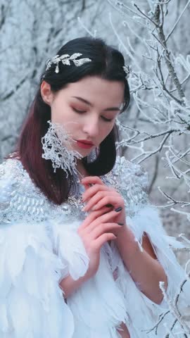 young beautiful fantasy woman fairy holding freezing ice branch. Girl snow queen enjoys silence winter frosty Christmas forest. Closes eyes. Creative white wedding dress bird feather cape Silver tiara