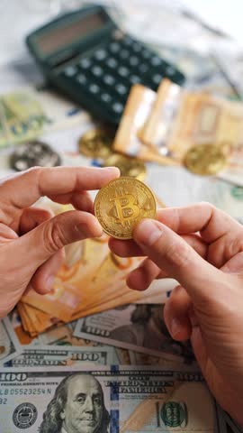 Hands shows BTC bitcoin against the dollars and euros