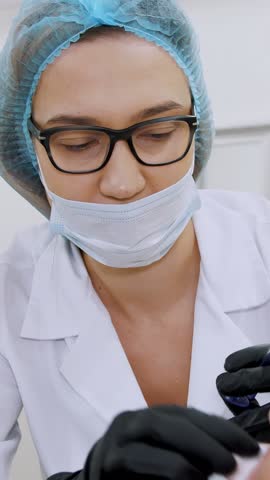 Doctor in white form, injecting hyaluronic acid into the patient's lips. Procedure for increasing the volume of lips, correction of lips shape. Cosmetology room in the clinic.