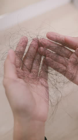 Close-up of woman holding hair in hand, showing emotional struggle with hair loss, aging, or hormonal changes. Great for medical or wellness content.