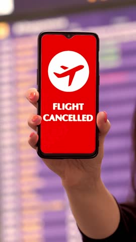 Close up, woman, in protective mask, holds smartphone with airplane icon, flight cancelled sign, on screen, in front of flight information board at airport.