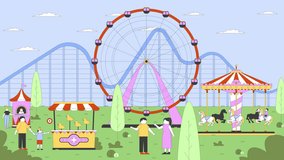 Funfair amusement park 2D cartoon animation. Fairground attractions. Carnival rides, rollercoaster, ferris wheel. Visitors with children animated flat characters 4K video background scene storytelling - Powered by Shutterstock - Get 15% off with code: PIKWIZARD15
