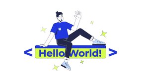 Developer over hello world text banner 2D animation. IT school courses. Joyful coder introduces beginner to programming animated character cartoon flat concept metaphor 4K video isolated on white - Powered by Shutterstock - Get 15% off with code: PIKWIZARD15