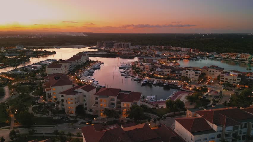 Luxury Marina with Yachts at Sunset in Cap Cana, Dominican Republic. Aerial view