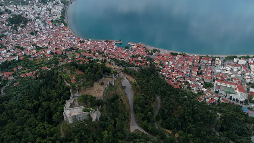 Drone videos taken at sunrise in Nafpaktos, a port city in the Gulf of Corinth, Greece