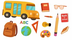 Stationery items floating around school bus with white backdrop - Powered by Shutterstock - Get 15% off with code: PIKWIZARD15