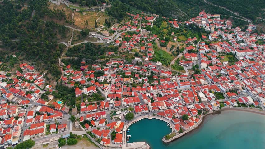Drone videos taken at sunrise in Nafpaktos, a port city in the Gulf of Corinth, Greece