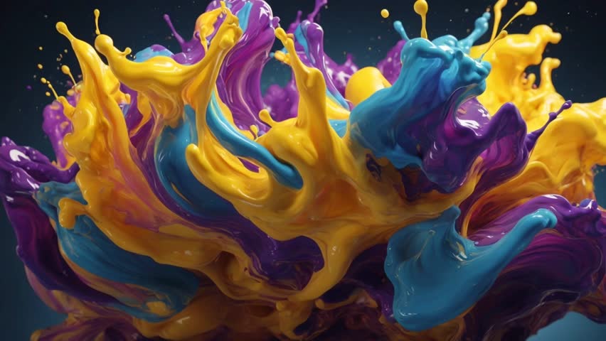 Dynamic splashes of yellow, blue and purple paint form an abstract pattern. The bright color combination creates an expressive visual effect, ideal for creative backgrounds or modern design concepts.