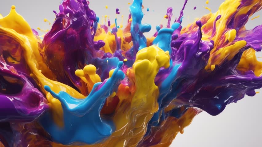 Dynamic splashes of yellow, blue and purple paint form an abstract pattern. The bright color combination creates an expressive visual effect, ideal for creative backgrounds or modern design concepts.