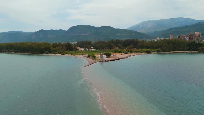 Aerial drone videos of Drepano lighthouse area of ​​Gulf of Corinth