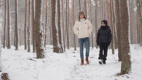 Two teenage brothers enjoy a relaxing leisure walk through a beautiful snowy forest. The siblings stroll casually, enjoying their free time outdoors and thinking about what to do next. - Powered by Shutterstock - Get 15% off with code: PIKWIZARD15