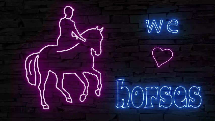 We love horses, horse rider neon sign on dark brick wall illuminated 3d illustration, 10s 4k video animation, flickering, special effects, add your own text and send by email text use for social media