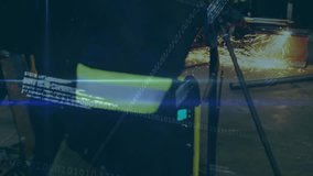 Factory worker igniting torch guiding plasma arc for pipe cutting as code and stock graph updating. Industrial, technological, manufacturing, precision, innovation, machinery, safety - Powered by Shutterstock - Get 15% off with code: PIKWIZARD15