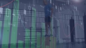 Fitness trainer lowering into squat, jumping onto gym box, syncing finance charts rising, falling. Athlete, training, fitness, motion, industry, motivation, power - Powered by Shutterstock - Get 15% off with code: PIKWIZARD15