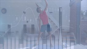 Man standing on mat in home gym raising weight and bending torso left for fitness stretch. Fitness, stretching, home workout, wellness, strength, activity, exercise - Powered by Shutterstock - Get 15% off with code: PIKWIZARD15