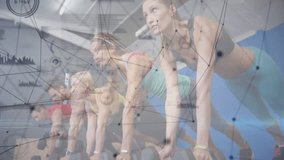 Gym group picking dumbbells, assuming plank performing renegade rows with overlay tracking metrics. Fitness, strength, teamwork, training, exercise, motion, digital - Powered by Shutterstock - Get 15% off with code: PIKWIZARD15