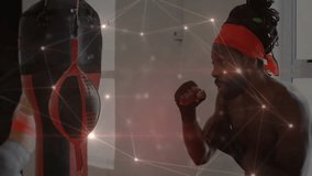 Male boxer stepping into gym executing speed bag jabbing drill for fitness with digital overlay. Athlete, training, industrial, fitness, wellness, motion, strength - Powered by Shutterstock - Get 15% off with code: PIKWIZARD15