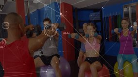 Trainer signaling clients raising dumbbells on stability balls with animated fitness tracking. Personal training, group workout, digital fitness, strength training, functional fitness, gym - Powered by Shutterstock - Get 15% off with code: PIKWIZARD15