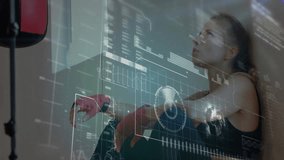 Female athlete tapping holographic charts by punching bag and swiping fitness metrics for analysis. Futuristic, technology, innovation, sports, digital, progress, interface - Powered by Shutterstock - Get 15% off with code: PIKWIZARD15