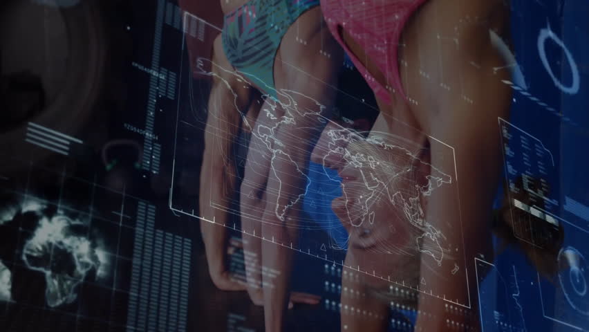 Competitive swimmers stepping onto blocks activating 3D map and data overlay for sports analytics. Athletes, telestration, digital, performance, technology, training, intensity - Powered by Shutterstock - Get 15% off with code: PIKWIZARD15