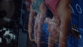 Competitive swimmers stepping onto blocks activating 3D map and data overlay for sports analytics. Athletes, telestration, digital, performance, technology, training, intensity - Powered by Shutterstock - Get 15% off with code: PIKWIZARD15