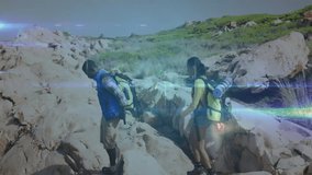 Hikers stepping onto log on rocky coastal trail, seeing digital overlay growing, mapping terrain. Adventure, exploration, connectivity, nature, outdoor, technology, resilience - Powered by Shutterstock - Get 15% off with code: PIKWIZARD15