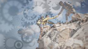 woman reaching up for male hiker's hand, activating gear overlay guiding climb in outdoor adventure. Adventure, teamwork, exploration, resilience, rugged, outdoors, collaboration - Powered by Shutterstock - Get 15% off with code: PIKWIZARD15