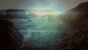 Initial HUD circles fading over rocky inlet, tracing rings, intensifying overlays for analytics. Coastal, landscape, dusk, ocean, navigation, technology, serenity - Powered by Shutterstock - Get 15% off with code: PIKWIZARD15