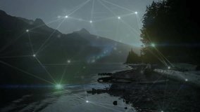 Glowing network appearing across lakeshore then pulsing, migrating and stabilizing data overlay. Landscape, technology, connectivity, futurism, serenity, digitalart, innovation - Powered by Shutterstock - Get 15% off with code: PIKWIZARD15