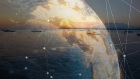 Sunset glow activating wireframe globe rising over seascape, pulsing network nodes visualizing data. Geographic, technology, digital, visualization, ocean, horizon, connectivity - Powered by Shutterstock - Get 15% off with code: PIKWIZARD15