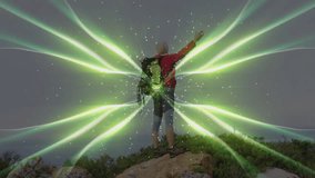 Tech ad showing hiker raising arms bluff sparking green energy beams pulsing celebrating summit. Adventure, empowerment, mystic, energy, resilience, nature, inspiration - Powered by Shutterstock - Get 15% off with code: PIKWIZARD15
