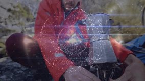Man unfolding camping stove and igniting coffee brewing with tech network globe overlay appearing. Adventure, wilderness, exploration, outdoor, rugged, natural, relaxation - Powered by Shutterstock - Get 15% off with code: PIKWIZARD15