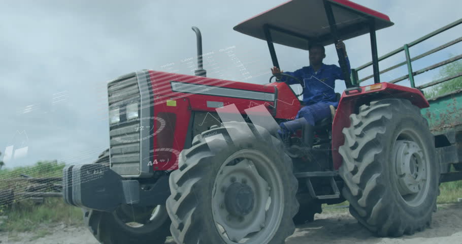 Driver starting red farming tractor towing green trailer, while data overlays tracking performance. Agriculture, machinery, technology, productivity, rural, innovation, industry