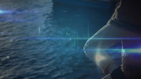 woman holding smartphone scanning harbor and activating tech network nodes forming mesh overlay. Technology, connectivity, maritime, digital, urban, innovation, networking - Powered by Shutterstock - Get 15% off with code: PIKWIZARD15