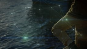 Network overlay expanding over dock driving woman framing boat with smartphone showcasing tech demo. Digital, connection, marina, reflection, outdoor, technology, navigation - Powered by Shutterstock - Get 15% off with code: PIKWIZARD15