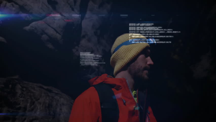 Explorer scanning cavern while code overlays appearing and hand projecting globe for tech mapping. Adventure, technology, digital, innovation, exploration, networking, hologram