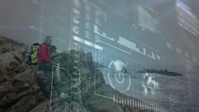 HUD panels fading in overlaying cliff, hiker adjusting backpack straps guiding tech navigation. Adventure, exploration, technology, innovation, rugged, coastal, data visualization - Powered by Shutterstock - Get 15% off with code: PIKWIZARD15