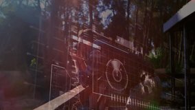 Photographer leaning on deck railing adjusting camera and activating HUD for forest data analysis. Nature, technology, adventure, innovation, exploration, outdoor, futuristic - Powered by Shutterstock - Get 15% off with code: PIKWIZARD15