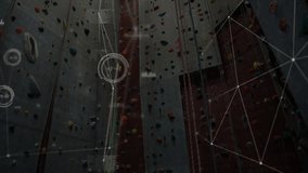 HUD icon fading in and linking to climbing wall, waveforms and panels visualizing route mapping. Technology, data, visualization, futuristic, innovation, network, interface - Powered by Shutterstock - Get 15% off with code: PIKWIZARD15